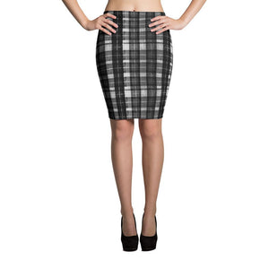Aimi Scottish Black White Plaid Print Women's Designer Pencil Skirt - Made in USA (XS-XL)