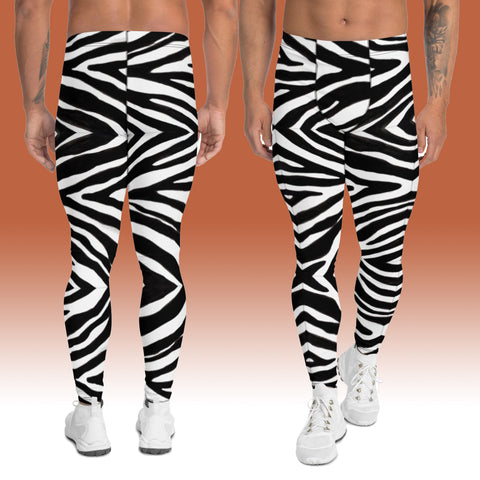 Black Zebra Men's Leggings, White and Black Best Zebra Striped Animal Print Designer Print Sexy Meggings Men's Workout Gym Tights Leggings, Men's Compression Tights Pants - Made in USA/ EU/ MX (US Size: XS-3XL) 