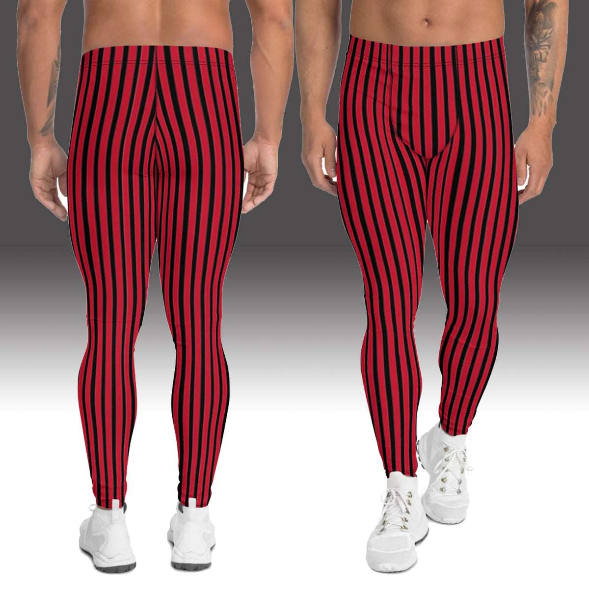Red Striped Men's Leggings, Modern Vertically Stripes Meggings Running  Tights-Made in USA/EU