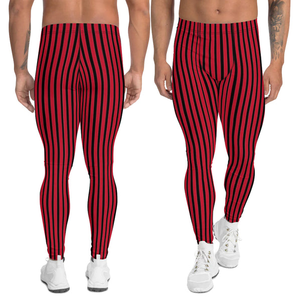Red Vertically Striped Men's Leggings, Red Black Modern Vertical Stripes Designer Print Sexy Meggings Men's Workout Gym Tights Leggings, Men's Compression Tights Pants - Made in USA/ EU/ MX (US Size: XS-3XL) 