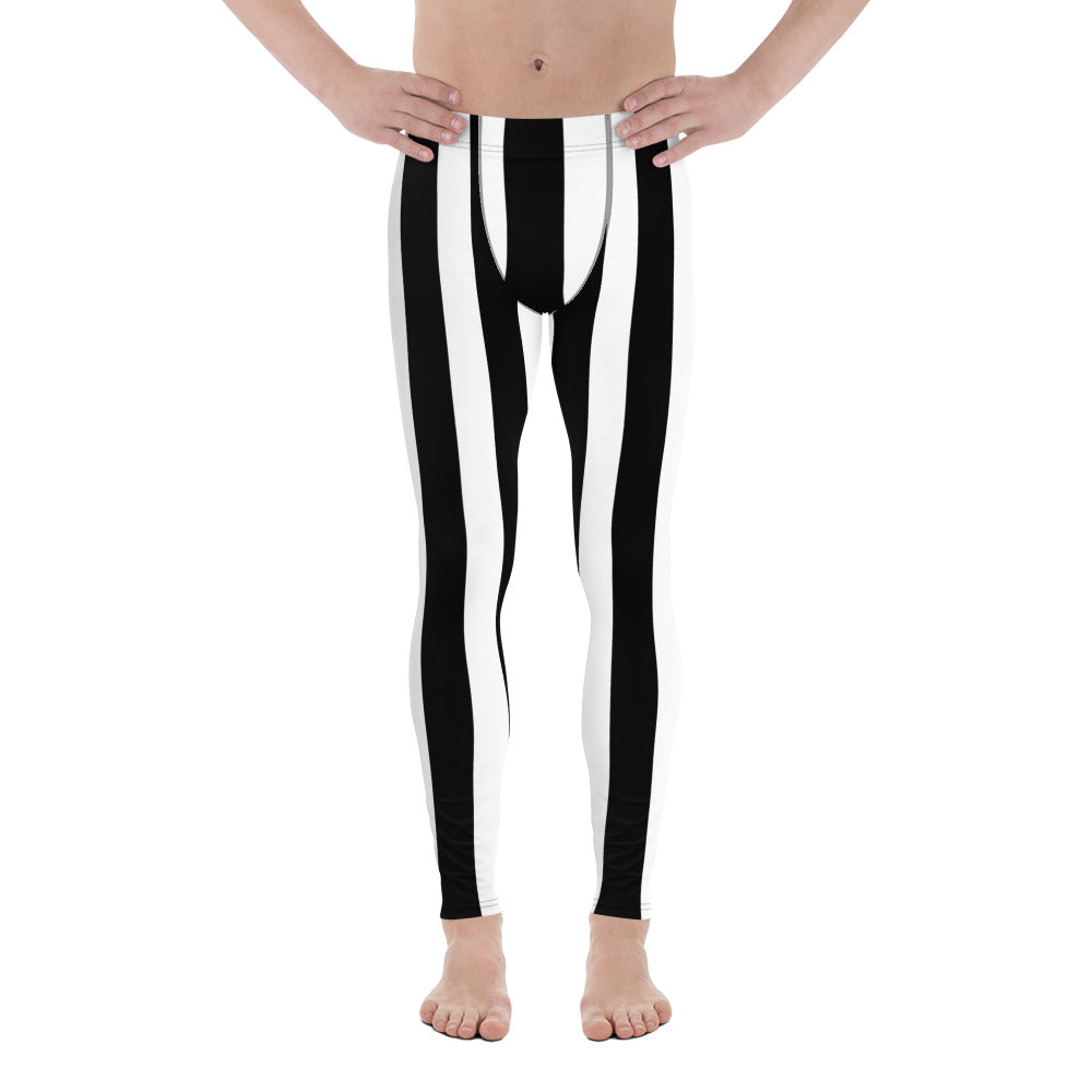 Black Striped Horizontal Print Meggings, White Stripe Horizontal Premium  Men's Leggings-Made in USA/EU, Heidikimurart Limited