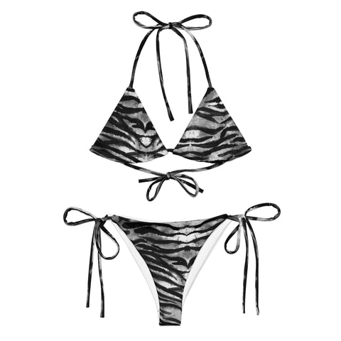 Black Tiger Striped Women's Bikini, Black Tiger Stripes Animal Print 2 pc Recycled String Bikini Luxury Designer Fashion Swimwear Set For Women - Made in USA/EU/MX (US Size: 2XL-6XL)