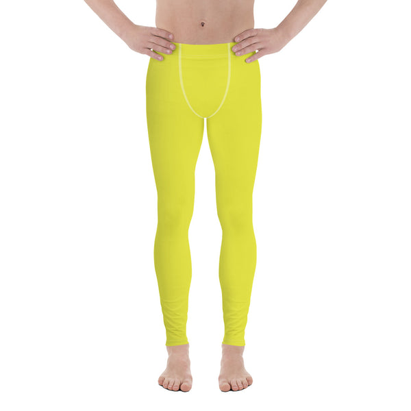 Yellow Solid Color Men's Leggings, Solid Bright Lemon Yellow Color Designer Print Sexy Meggings Men's Workout Gym Tights Leggings, Men's Compression Tights Pants - Made in USA/ EU/ MX (US Size: XS-3XL) 