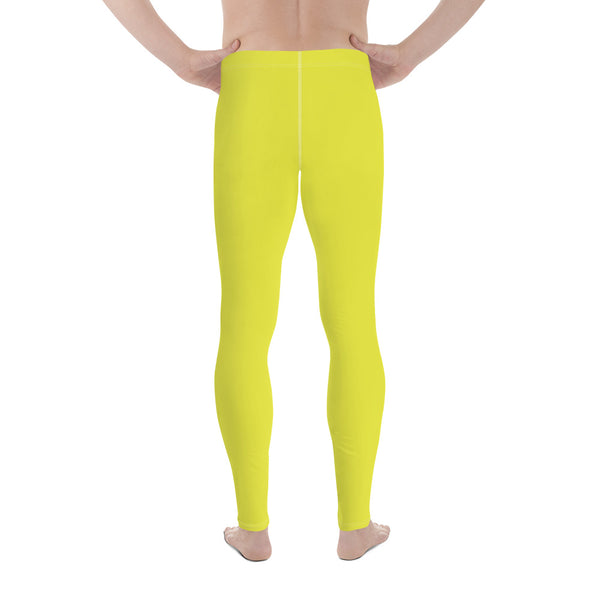 Yellow Solid Color Men's Leggings, Solid Bright Lemon Yellow Color Designer Print Sexy Meggings Men's Workout Gym Tights Leggings, Men's Compression Tights Pants - Made in USA/ EU/ MX (US Size: XS-3XL) 