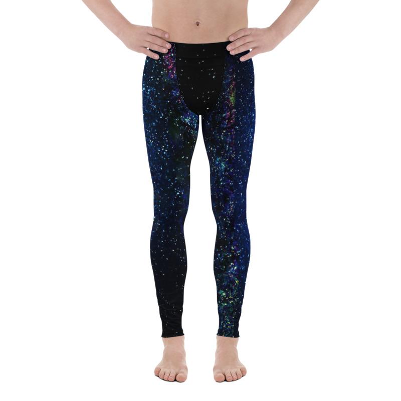 Galaxy Outer Space Men's Leggings, Blue Dark Purple Cosmos Print