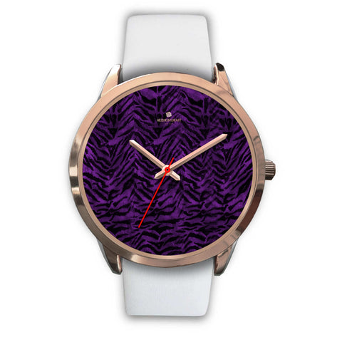 Purple Black Tiger Striped Animal Print Rose Gold Accent Unisex Premium Watch-Rose Gold Watch-Mens 40mm-White Leather-Heidi Kimura Art LLC