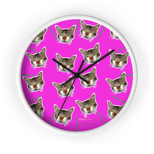 Hot Pink Cat Print Wall Clock, Calico Cat Large Unique 10" Dia. Indoor Clocks- Made in USA-Wall Clock-10 in-White-Black-Heidi Kimura Art LLC