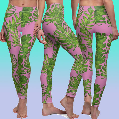 Light Pink Tropical Tights, Light Pink And Green Tropical Leaf Print Women's Fancy Dressy Cut & Sew Casual Leggings - Made in USA (US Size: XS-2XL) Leaf Print Leggings for Women, Workout & Casual Leggings, Tropical Yoga Leggings Pants