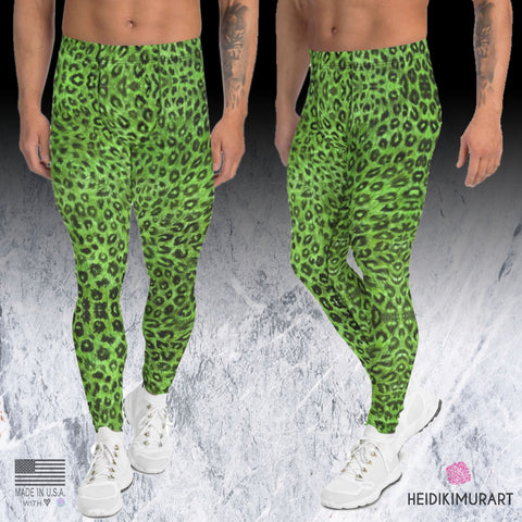 Green Leopard Print Men's Leggings, Light Green Animal Print Leopard Modern Meggings, Men's Leggings Tights Pants - Made in USA/EU/MX (US Size: XS-3XL) Sexy Meggings Men's Workout Gym Tights Leggings