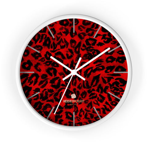 Red Leopard Animal Print 10" Diameter Large Wall Clock- Made in USA-Wall Clock-10 in-White-White-Heidi Kimura Art LLC