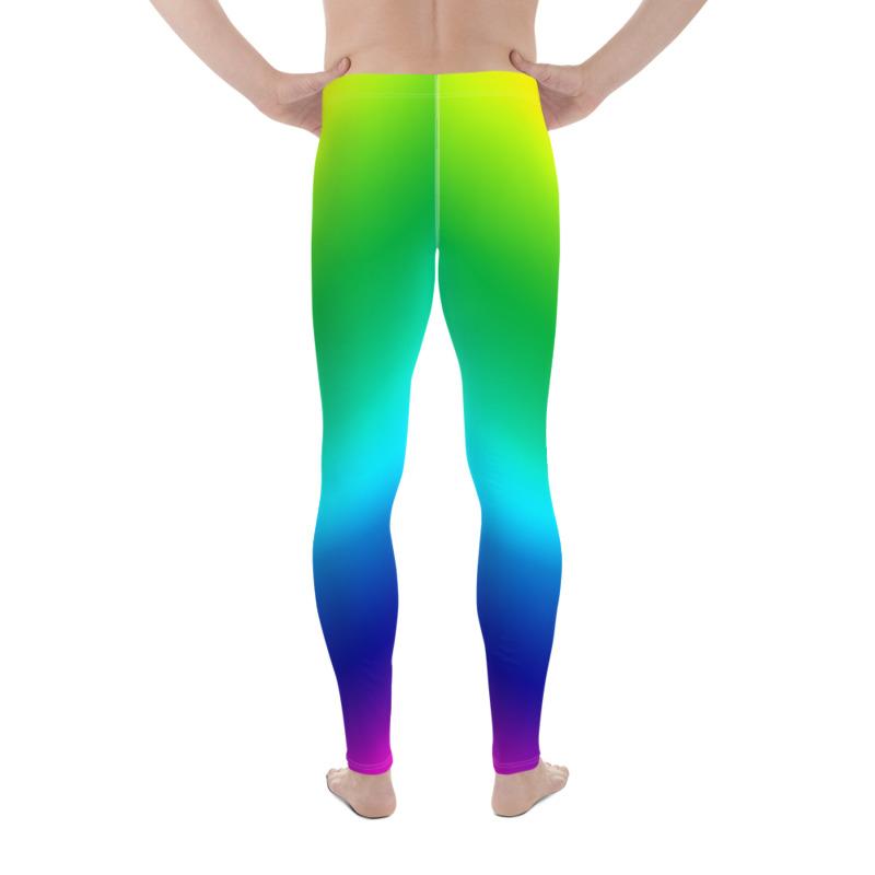 Rainbow Striped Print Men's Leggings, Black Colorful Fun Gay Pride