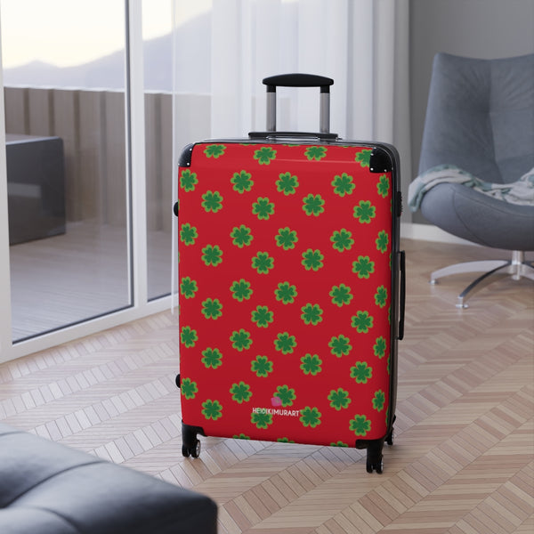 Red Clover Print Suitcases, Irish Style St. Patrick's Day Holiday Designer Suitcase Luggage (Small, Medium, Large) Unique Cute Spacious Versatile and Lightweight Carry-On or Checked In Suitcase, Best Personal Superior Designer Adult's Travel Bag Custom Luggage - Gift For Him or Her - Made in USA/ UK