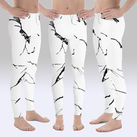 White Marble Print Meggings, White Black Gray Marble Texture Sexy Men's Leggings Workout Compression Tights Meggings- Made in USA/EU (US Size: XS-3XL)