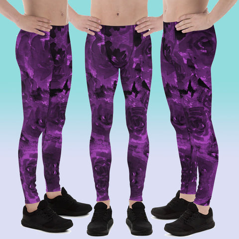 Purple Floral Men's Leggings, Abstract Print Sexy Meggings Men's Workout Gym Tights Leggings, Men's Compression Tights Pants - Made in USA/ EU (US Size: XS-3XL)