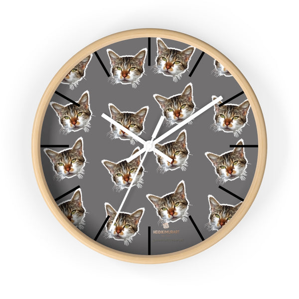 Gray Cat Print Wall Clock, Cute Calico Cat Unique 10" Dia. Indoor Wall Clocks- Made in USA-Wall Clock-10 in-Wooden-White-Heidi Kimura Art LLC