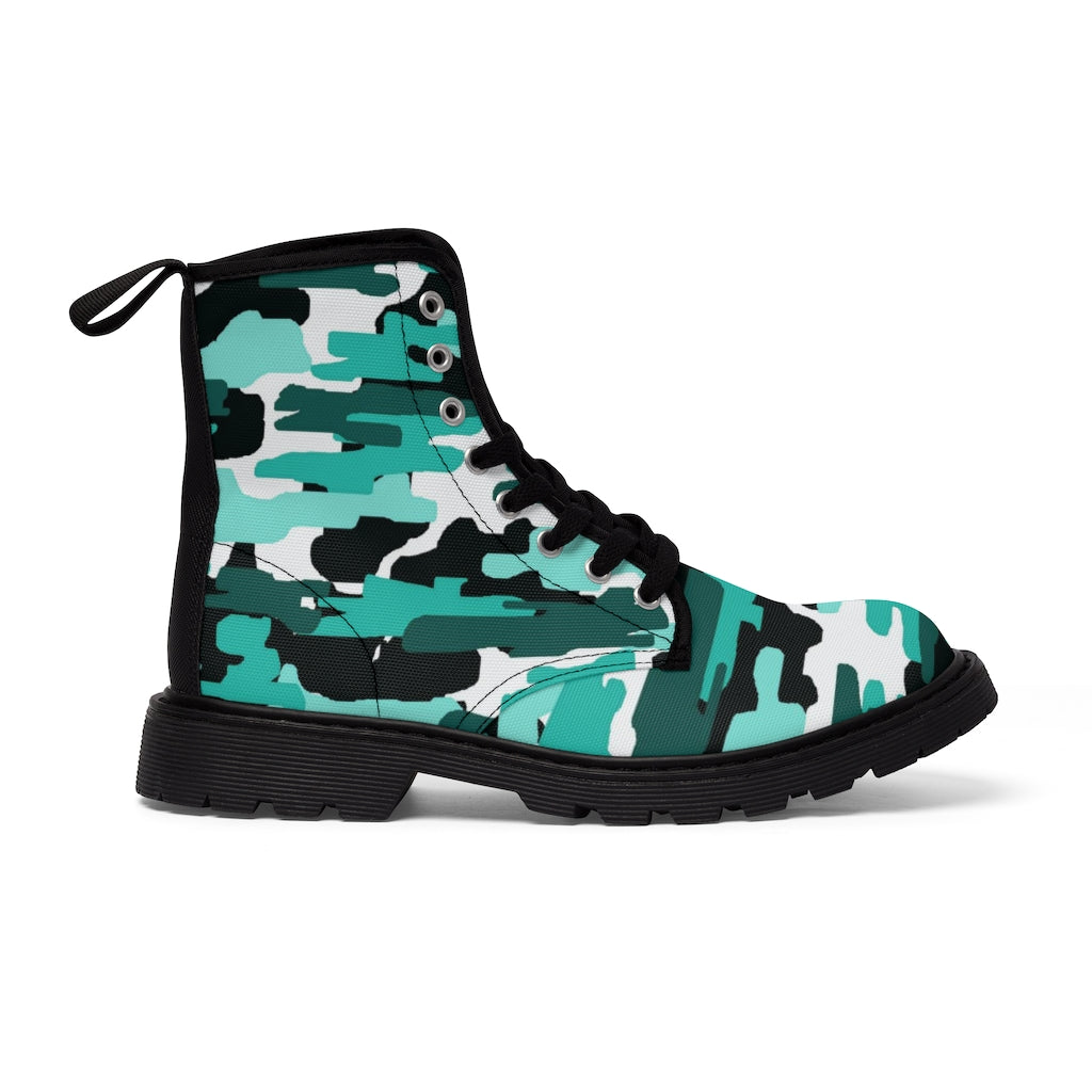 Aqua Blue Camo Men's Boots, Best Hiking Camo Army Print Winter