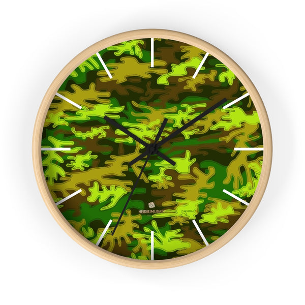 Bright Green Camo Camouflage Military Army Print Large Unique Wall Clocks- Made in USA-Wall Clock-10 in-Wooden-Black-Heidi Kimura Art LLC