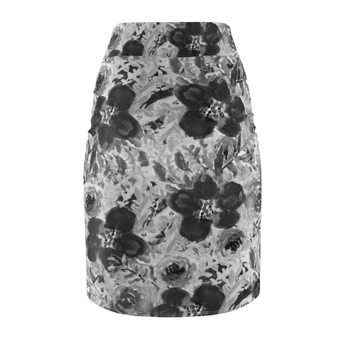 Grey Floral Women's Pencil Skirt - Heidikimurart Limited  Grey Floral Women's Pencil Skirt, Gray Rose Flower Patterned Mid Waist Girlie Rose Best Flower Print Girlie Premium Quality Designer Women's Pencil Skirt - Made in USA (US Size XS-2XL)