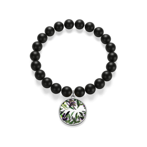 Green Tropical Leave Print Unisex Matte Onyx Bracelet- Made in USA-Bracelet-indigocoin-Silver-Heidi Kimura Art LLC