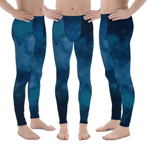 Deep Blue Tie Dye Meggings, Deep Blue Ocean Abstract Print Sexy Meggings Men's Workout Gym Tights Leggings-Made in USA/EU/ Mexico (US Size: XS-3XL)