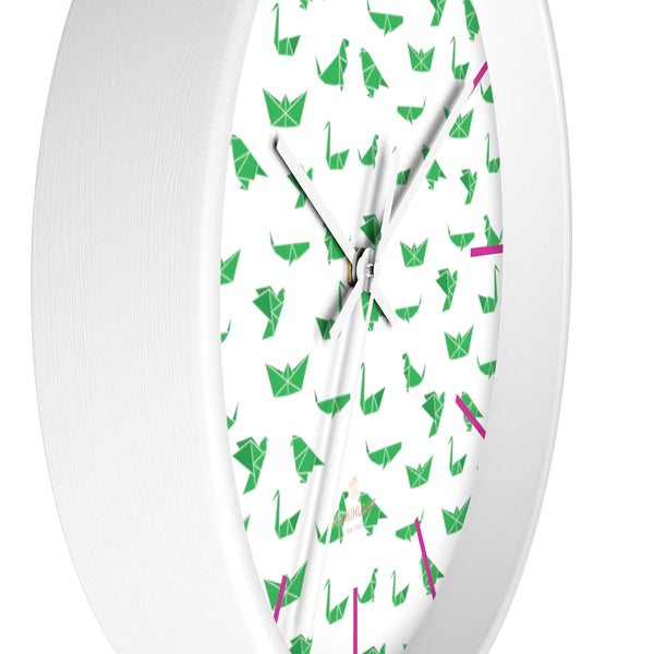 White Green Japanese Crane Print Large Unique 10" Diameter Wall Clocks- Made in USA-Wall Clock-Heidi Kimura Art LLC