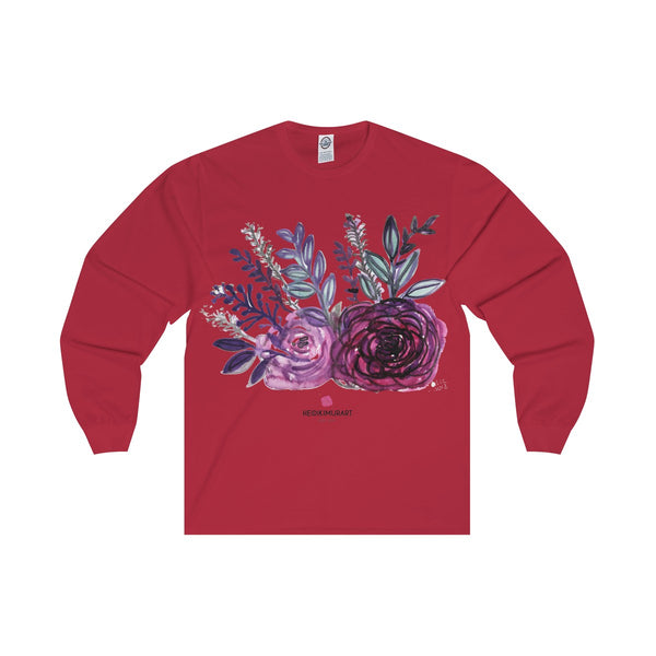 Rose Floral Print Premium Women's Designer Long Sleeve Tee - Made in USA-Long-sleeve-Red-S-Heidi Kimura Art LLC