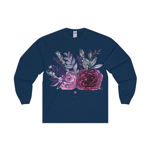 Rose Floral Print Premium Women's Designer Long Sleeve Tee - Made in USA-Long-sleeve-Navy-S-Heidi Kimura Art LLC