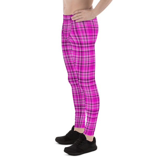 Tartan Pink Plaid Print Meggings, Elastic Men's Leggings Run Soft Tights- Made in USA/EU-Men's Leggings-Heidi Kimura Art LLC