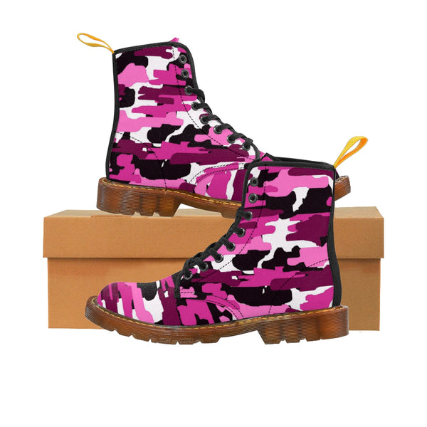 Purple Pink Camouflage Military Army Print Men's Canvas Winter Laced Up Boots-Men's Boots-Brown-US 8-Heidi Kimura Art LLC