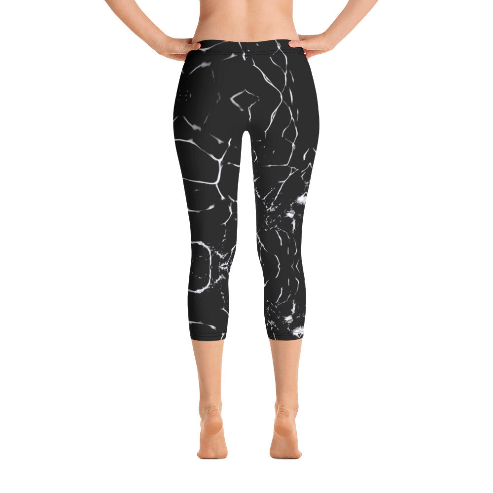 Black Marble Capri Leggings, Abstract Modern Best Women's Casual  Tights-Made in EU/USA/MX