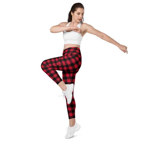 Red Plaid Print Women's Tights, Best Red Black Plaid Print Best Designer Printed Crossover UPF 50+ Sports Yoga Gym Leggings With 2 Side Pockets For Ladies - Made in USA/EU/MX (US Size: 2XS-6XL) Plus Size Available