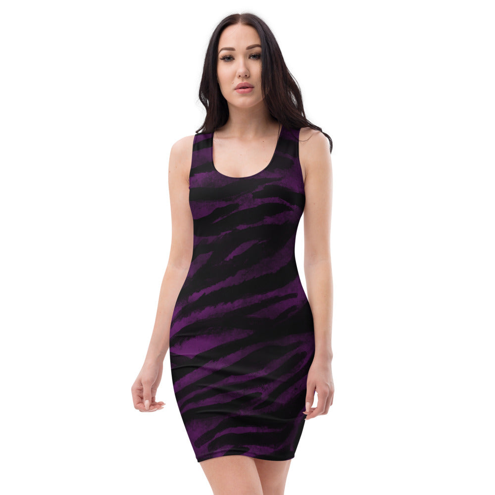 Purple Tiger Striped Dress, Dark Purple Animal Print Designer Ladies' Sleeveless Dress-Made in USA/EU/MX