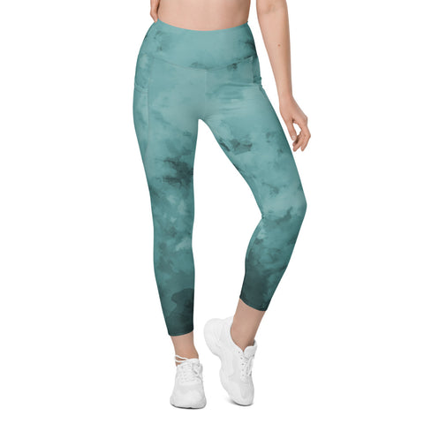 Blue Abstract Leggings With Pockets, Abstract Blue Green Best Women's 7/8 Leggings Yoga Pants With 2 Side Deep Long Pockets - Made in USA/EU/MX (US Size: 2XS-6XL) Plus Size Available, Women's High Waist Yoga Pants with Built-in Pockets, Exercise Leggings With Pockets, Women's Workout Leggings with Pockets 