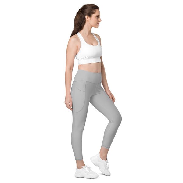 Light Grey Color Women's Tights, Light Grey Modern Simple Essential Solid Color Best Women's 7/8 Leggings Yoga Pants With 2 Side Deep Long Pockets - Made in USA/EU/MX (US Size: 2XS-6XL) Plus Size Available
