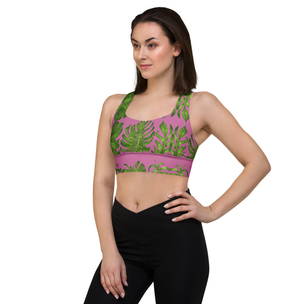 Pink Tropical Leaves Sports Bra, Best Longline Sports Bra For Women-Made in  USA/EU/MX (US Size: XS-3XL)