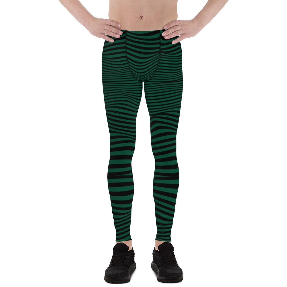 Green Black Meshed Men's Leggings, Striped Premium Meggings Compression  Running Tights-Made in USA/EU/MX