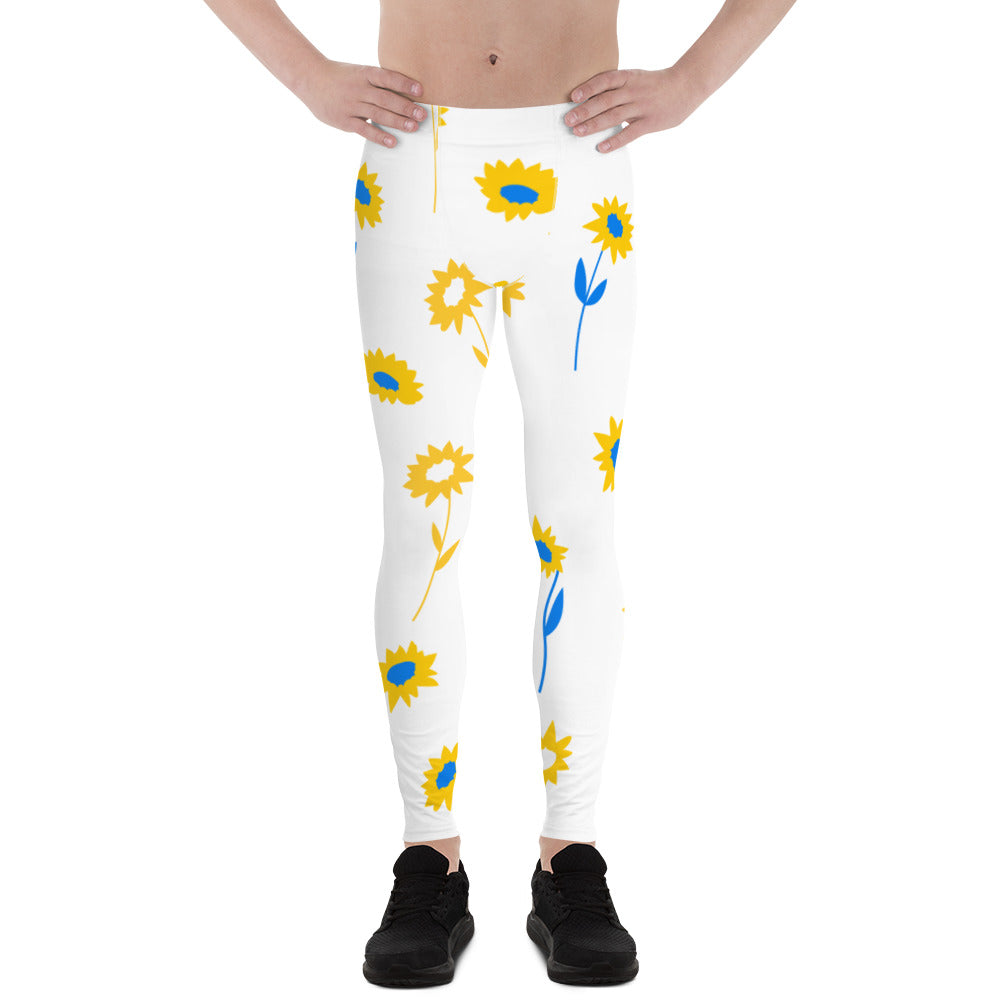 Yellow Blue Floral Men's Leggings, Flower Printed Designer Meggings  Compression Tights-Made in USA/EU/MX