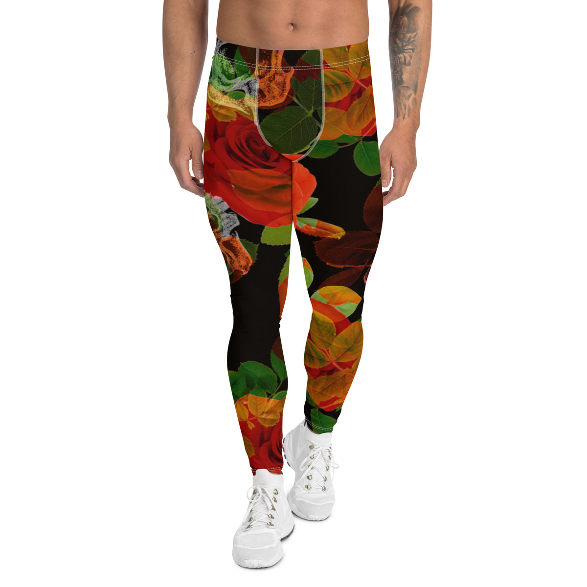 Red Doodle Rose Floral Men's Leggings