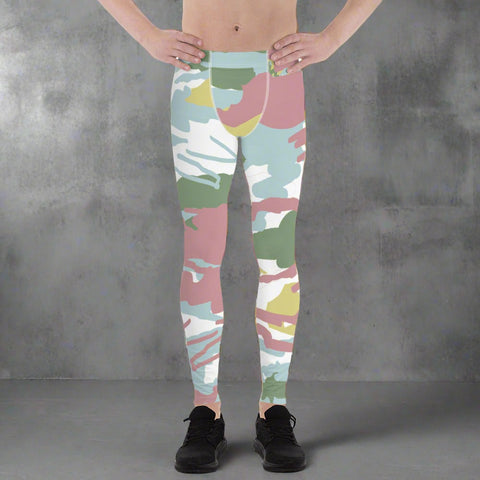 Pink Green Camo Men's Leggings, Pink Green Pastel Camouflaged Military Print Premium Classic Elastic Comfy Men's Leggings Fitted Tights Pants - Made in USA/MX/EU (US Size: XS-3XL) Spandex Meggings Men's Workout Gym Tights Leggings, Compression Tights, Kinky Fetish Men Pants