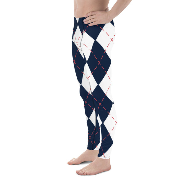 Blue White Plaid Men's Leggings, Tartan Plaid Print Abstract Meggings Compression Men's Leggings Tights Pants - Made in USA/MX/EU (US Size: XS-3XL) Sexy Meggings Men's Workout Gym Running Tights Leggings, Compression Active Wear Sports Tights