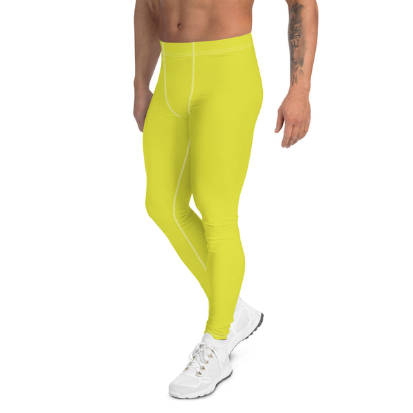 Yellow Solid Color Men's Leggings, Solid Lemon Bright Yellow Color Men's Tights Compression Pants - Made in USA/EU/MX