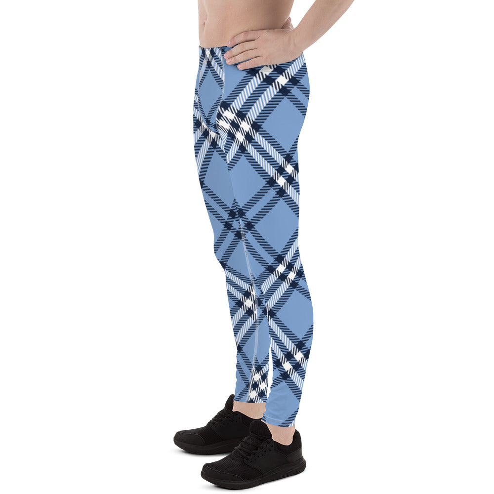 Blue Plaid Print Men's Leggings, Plaid Print Classic Designer Men's  Leggings - Made in USA/EU/MX