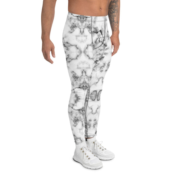 White Marble Print Men's Leggings, Grey White Marbled Pattern Tights For Men, Abstract Marble Print Premium Meggings Best Men Tights Men's Leggings Compression Tights Pants - Made in USA/EU/MX (US Size: XS-3XL) Sexy Meggings Men's Workout Gym Tights Leggings