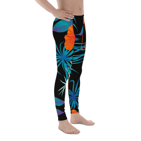 Black Flamingo Tropical Men's Leggings, Tropical Leaves Print Designer Print Sexy Meggings Men's Workout Gym Tights Leggings, Men's Compression Tights Pants - Made in USA/ EU/ MX (US Size: XS-3XL) 