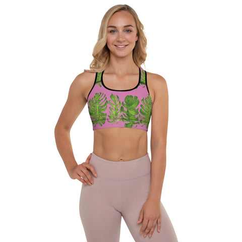 Pink Tropical Leaves Sports Bra, Best Girlie Women's Fitness Workout Bra, Padded Yoga Gym Workout Sports Bra For Female Athletes - Made in USA/ EU/ MX (US Size: XS-2XL)