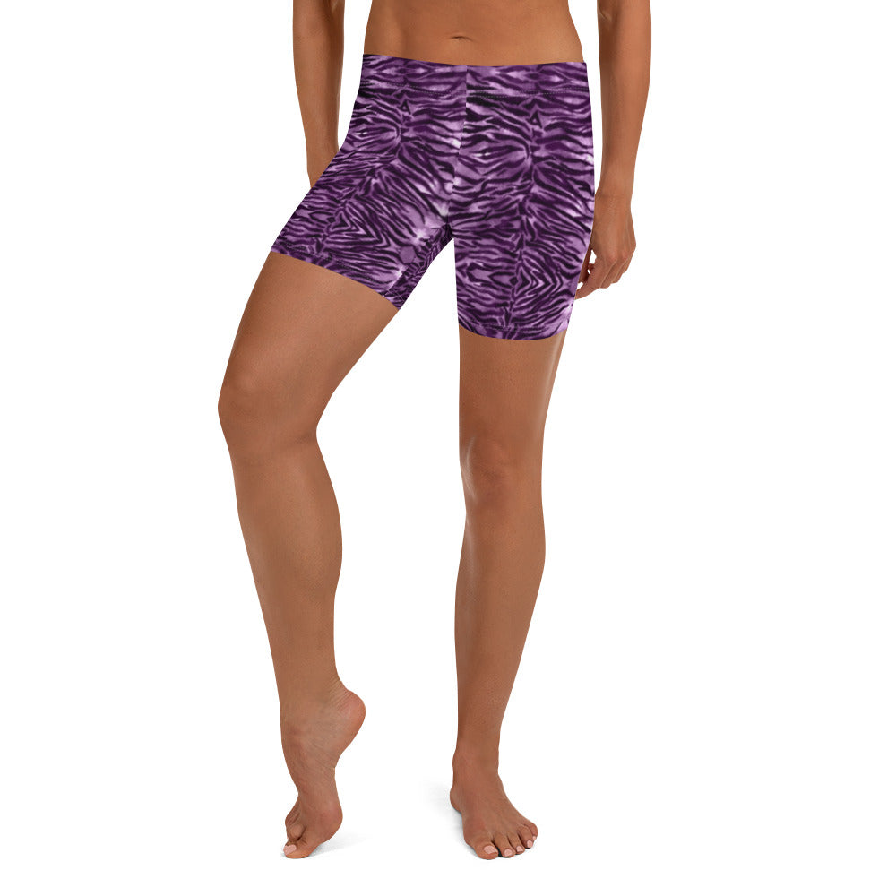 Printful Pink Tiger Striped Shorts, Animal Print Designer Tiger Short Gym Tights for Women-Made in USA 2XL