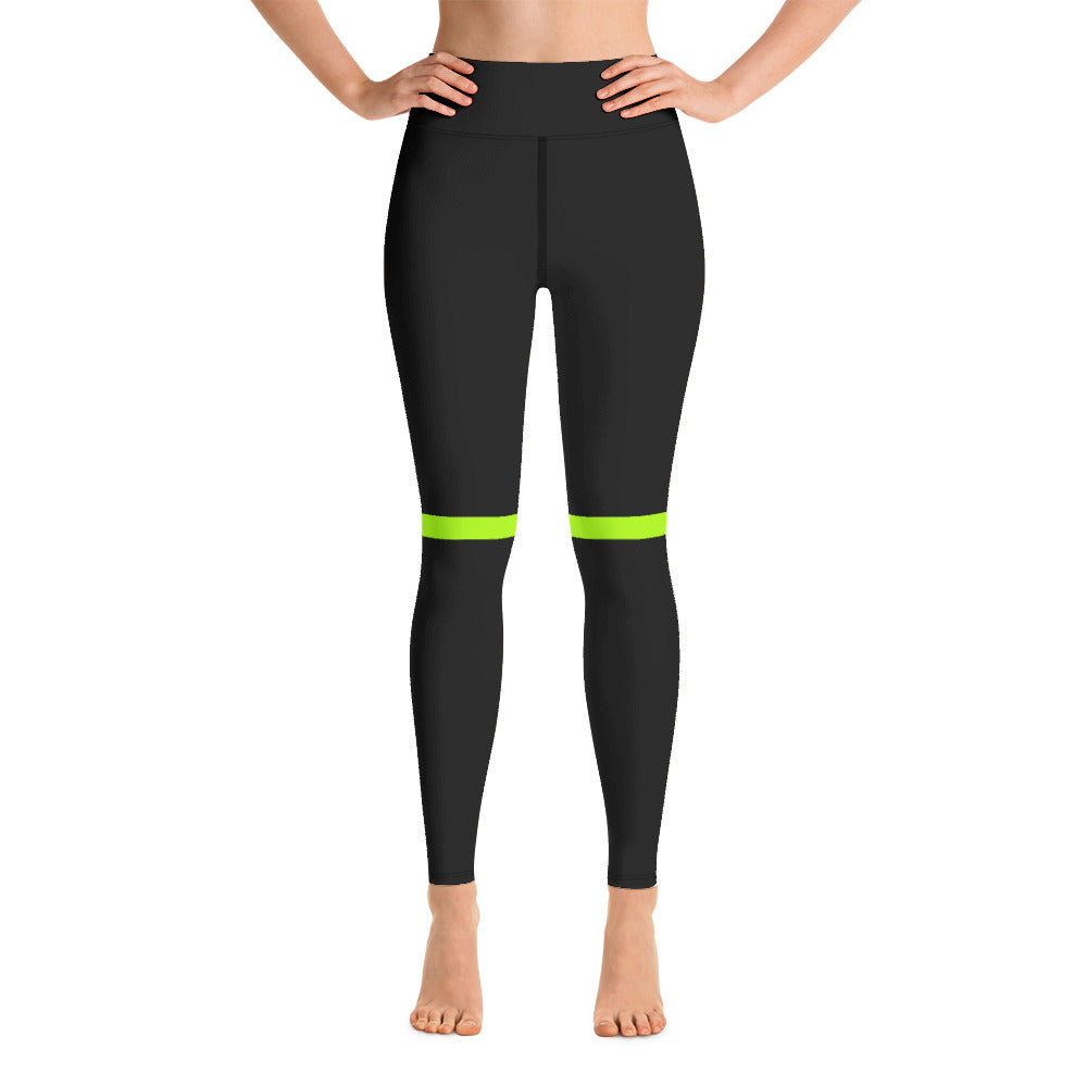 Neon Green Women's Yoga Leggings, Striped Black Compression Soft