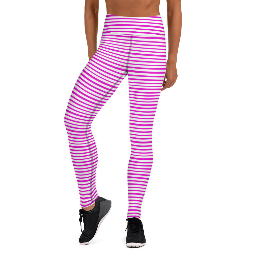 Hot Pink Striped Yoga Leggings, Best Vertical Stripes Women's Long Tights-Made  in USA/EU