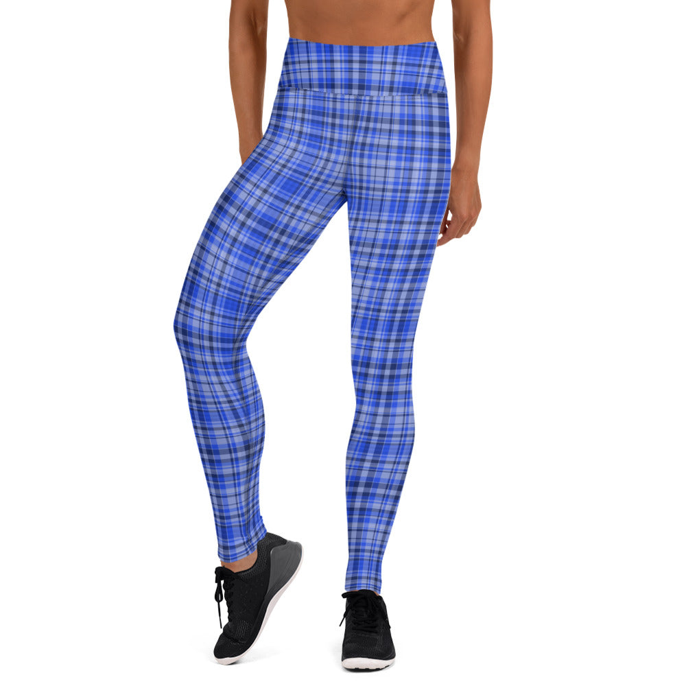 Royal Blue Plaid Yoga Leggings, Tartan Plaid Scottish Style Women's Tights-Made  in USA/EU/MX