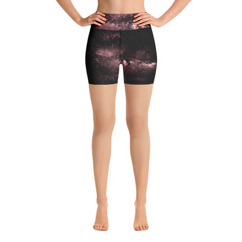 Galaxy Designer Women's Yoga Shorts, Pink Space Milky Way Women's Galaxy Print Yoga Shorts, Universe Cosmos Designer Premium Quality Women's High Waist Spandex Fitness Workout Yoga Shorts, Yoga Tights, Fashion Gym Quick Drying Short Pants With Pockets - Made in USA/EU/MX (US Size: XS-XL)